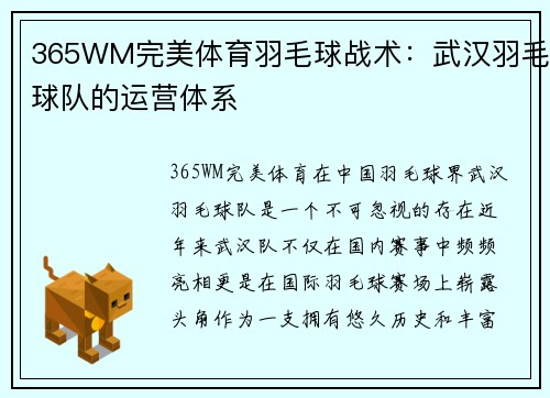 365WM完美体育羽毛球战术：武汉羽毛球队的运营体系