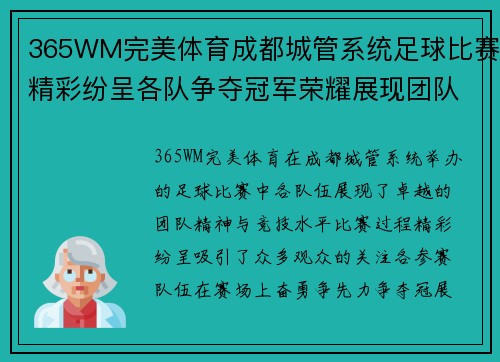365WM完美体育成都城管系统足球比赛精彩纷呈各队争夺冠军荣耀展现团队精神